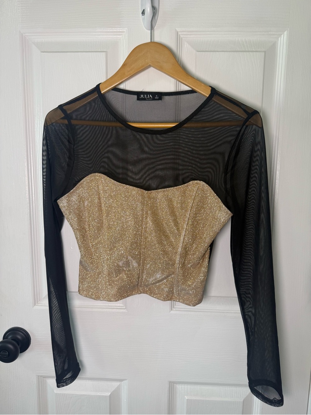 Black Mesh Long-Sleeve Top with Gold Glitter Bustier